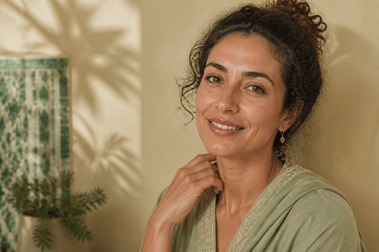 امرأة مغربية مبتسمة في لحظة راحة